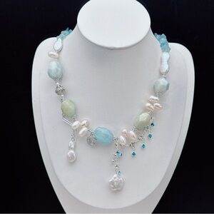 X571 Handmade Freshwater Baroque Pearl Aqua Marine Necklace